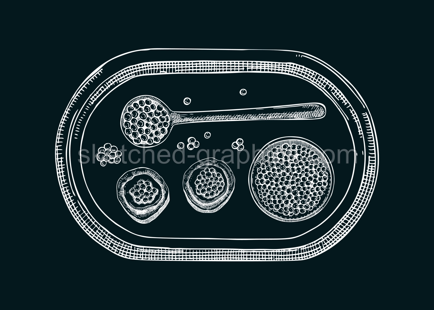 Seafood illustration with red caviar canape, canned caviar, lemons, spices on tray sketches on chalkboard. Sea delicacy sketches set for restaurant or finger food menu Illustration